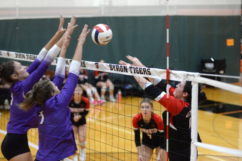 Forreston's Jaiden Schneiderman (right) pushes the ball past two Rochelle players during  Saturday, Sept. 14, 2024 action at the Varsity Power Classic Tournament at Byron High School.