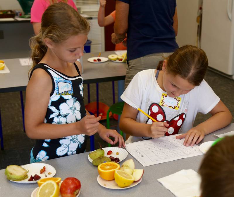 Amelia Soderstrom and Sydney Krall participate in a fruit taste test at the Town and Country Library on Friday, June 21, 2024 in Elburn.