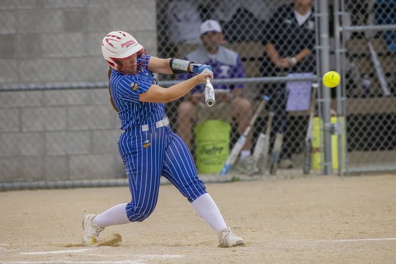 Newark's Danica Peshia drives a single through the infield against Serena during the Class 1A Sectional Final at Woodland High School on May 24, 2024.