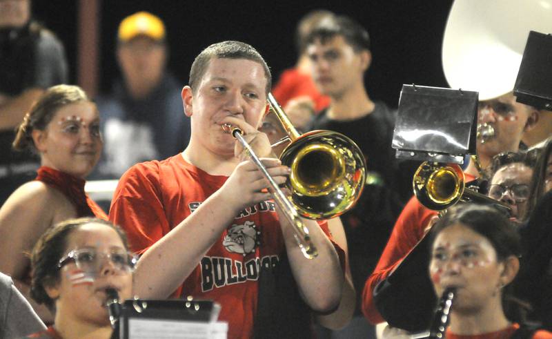 Blake Stites plays the trombone during the Streator home game against Herscher at Doug Dieken Stadium on Friday, Sept. 22, 2023.