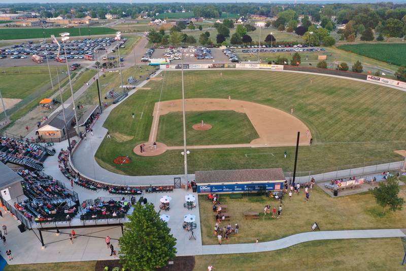 An aerial view of the Illinois Valley Pistol Shrimp baseball game at Schweickert Stadium on Tuesday, June 20, 2023 in Peru. on Tuesday, June 20, 2023