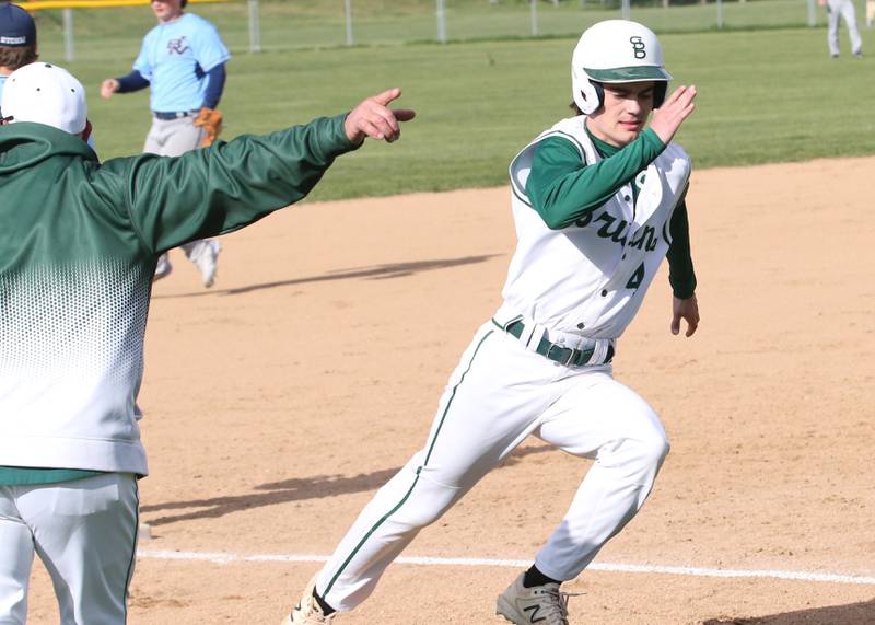 St. Bede's John Brady rounds third base to score the teams first run on Monday, May 1, 2023 at St. Bede Academy.