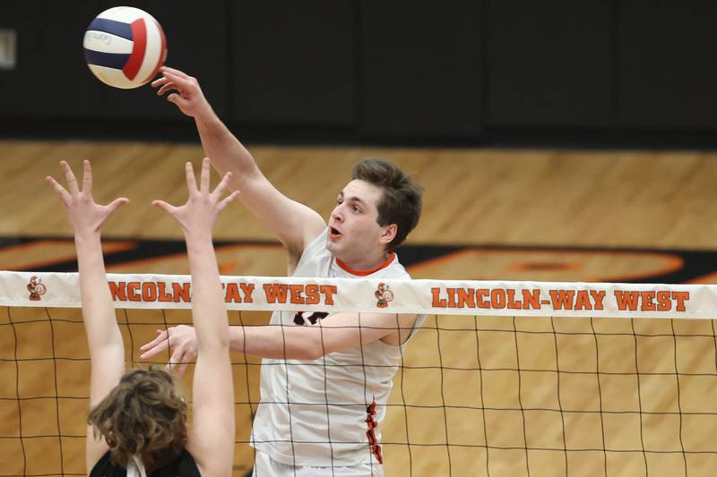 Lincoln-Way West’s Kyle Plesak hits a shot against Plainfield North on Monday, March 18, 2024 in New Lenox.