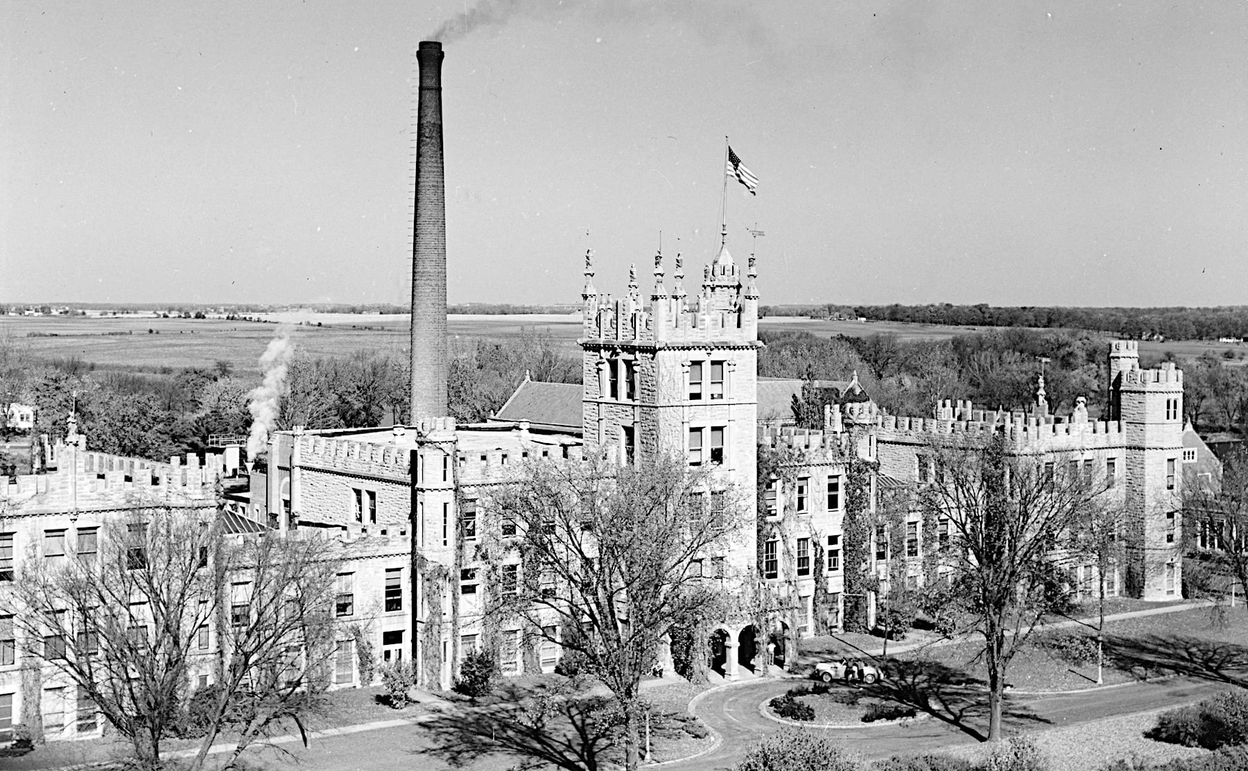 Altgeld Hall at Northern Illinois State Teachers College (later Northern Illinois University) in DeKalb viewed looking northeast from Davis Hall, circa 1943.