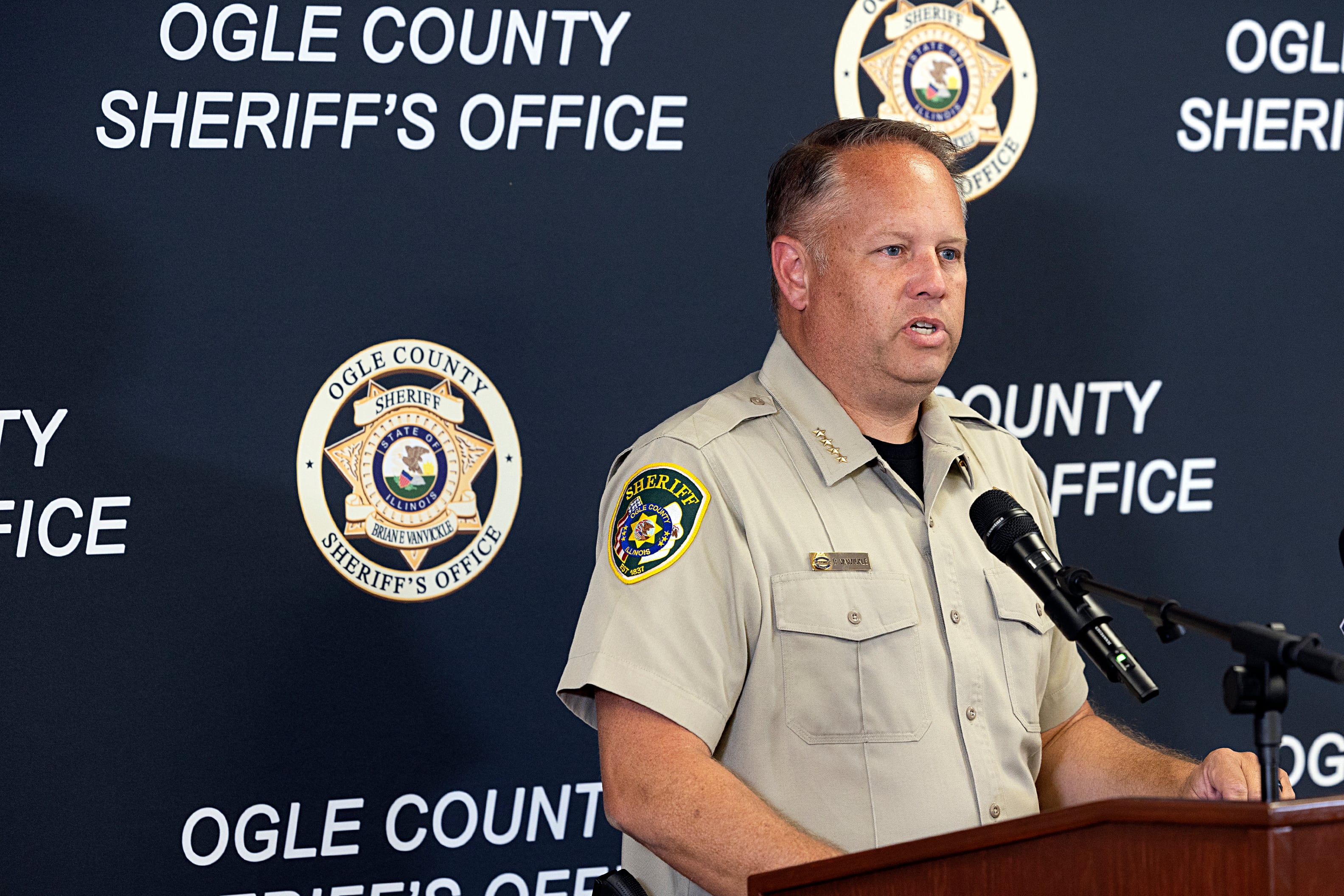 Ogle County Sheriff Brian VanVickle addresses the media Tuesday, Aug. 20, 2024, concerning a special presentation from Armor Research Company.