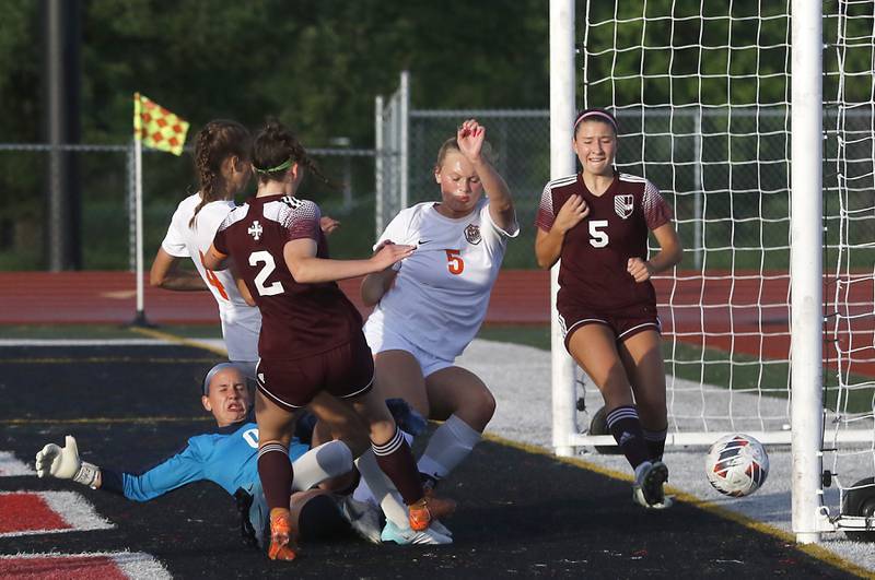 Crystal Lake Central's Lizzie Gray takes a shot on goal during the Class 2A Deerfield Supersectional girls soccer match against St. Ignatius College Prep on Tuesday, May 28, 2024, at Deerfield High School. Gray was called offsides on the play.