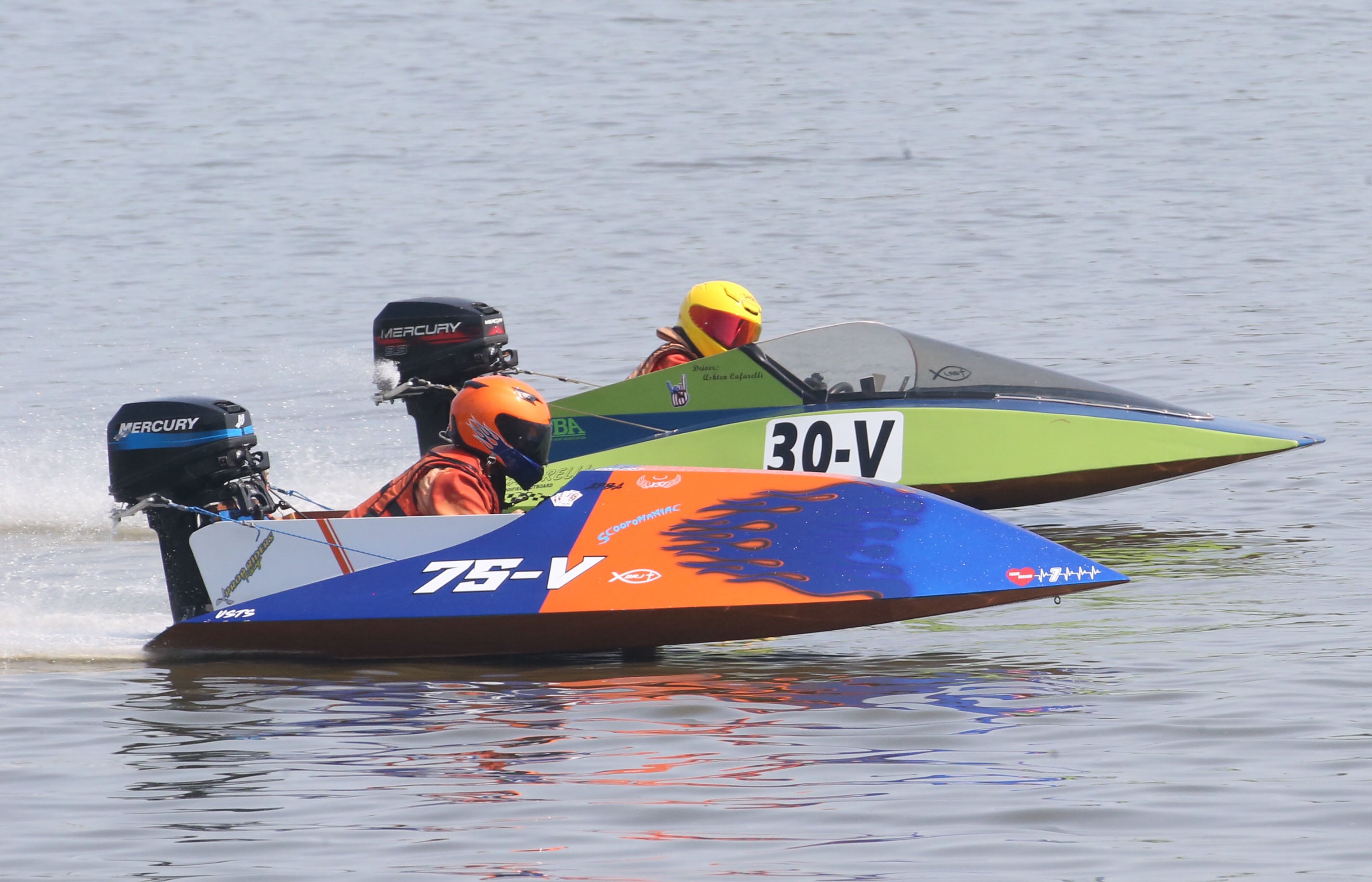 Rayce Bosnich of Williamsfield and Shane Kimble of Ind. race in the K-Pro Runabout during the US Title Series Pro National Championship Boat Races on Friday, July 26, 2024 at Lake DePue.