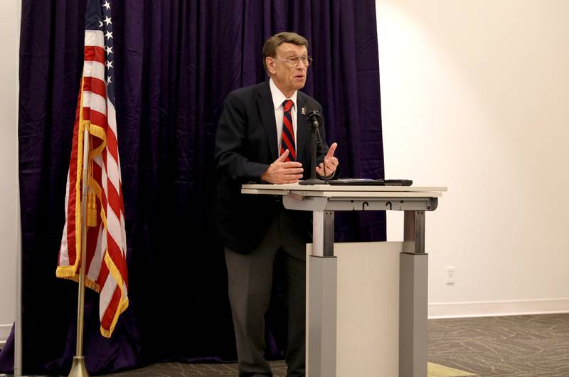 Arthur Lemke, candidate for St. Charles’ 2nd ward alderman, answers a question during a candidate forum hosted by the St. Charles Chamber of Commerce at Clarke Control in St. Charles on Wednesday, Feb. 22, 2023.