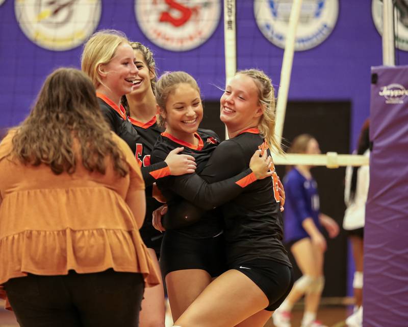 Sandwich celebrates after a stoppage in play during volleyball match between Sandwich at Plano.  August 21, 2023.