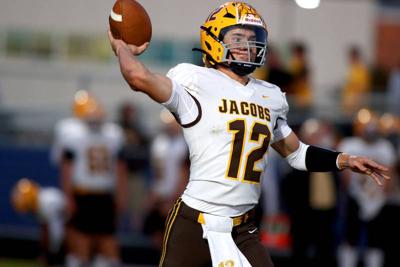 Jacobs’ Connor Goehring passes in varsity football on Friday, Sept. 6, 2024, at Hampshire School in Hampshire.