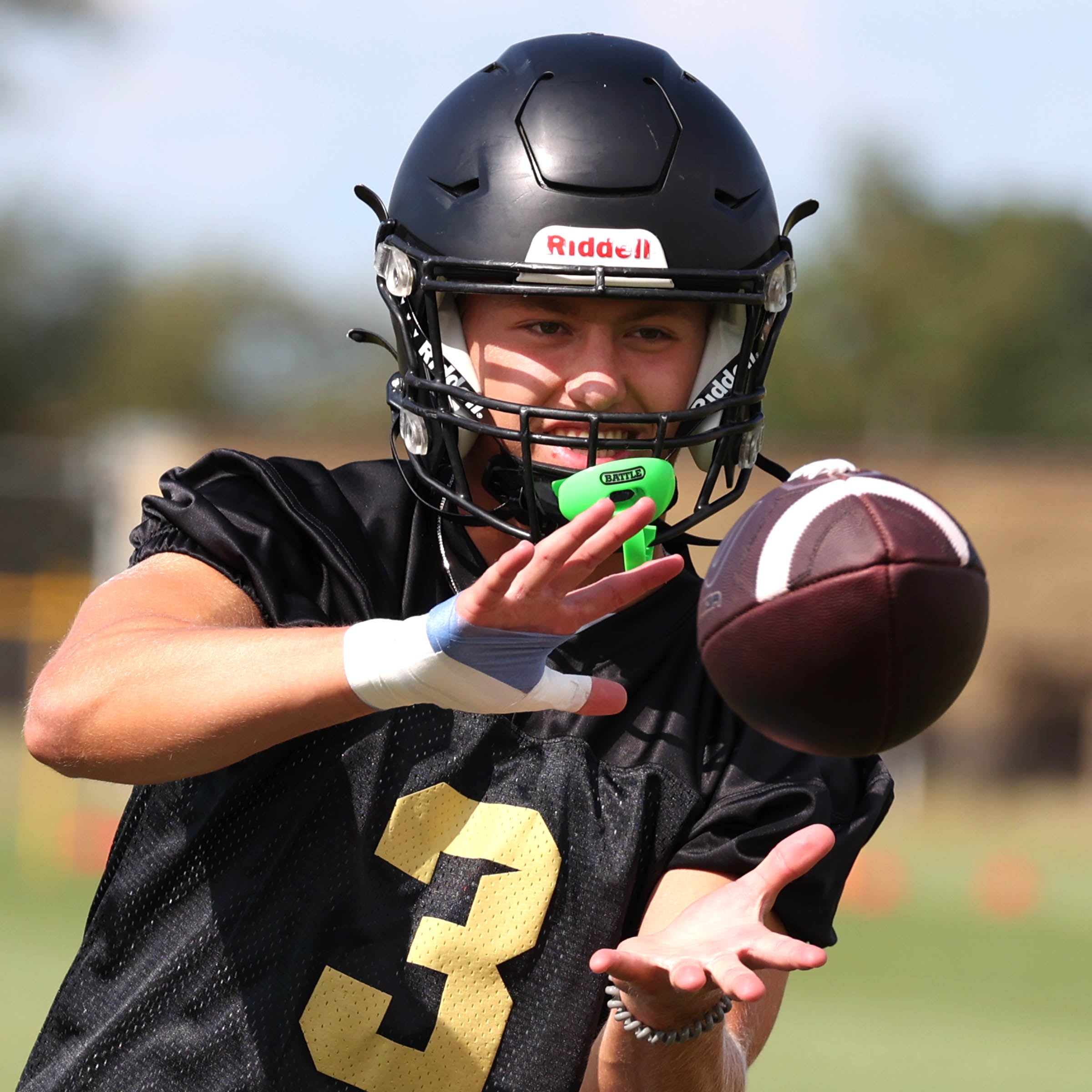 Sycamore’s Carter York catches a pass Monday, Aug. 12, 2024, during practice at the school.