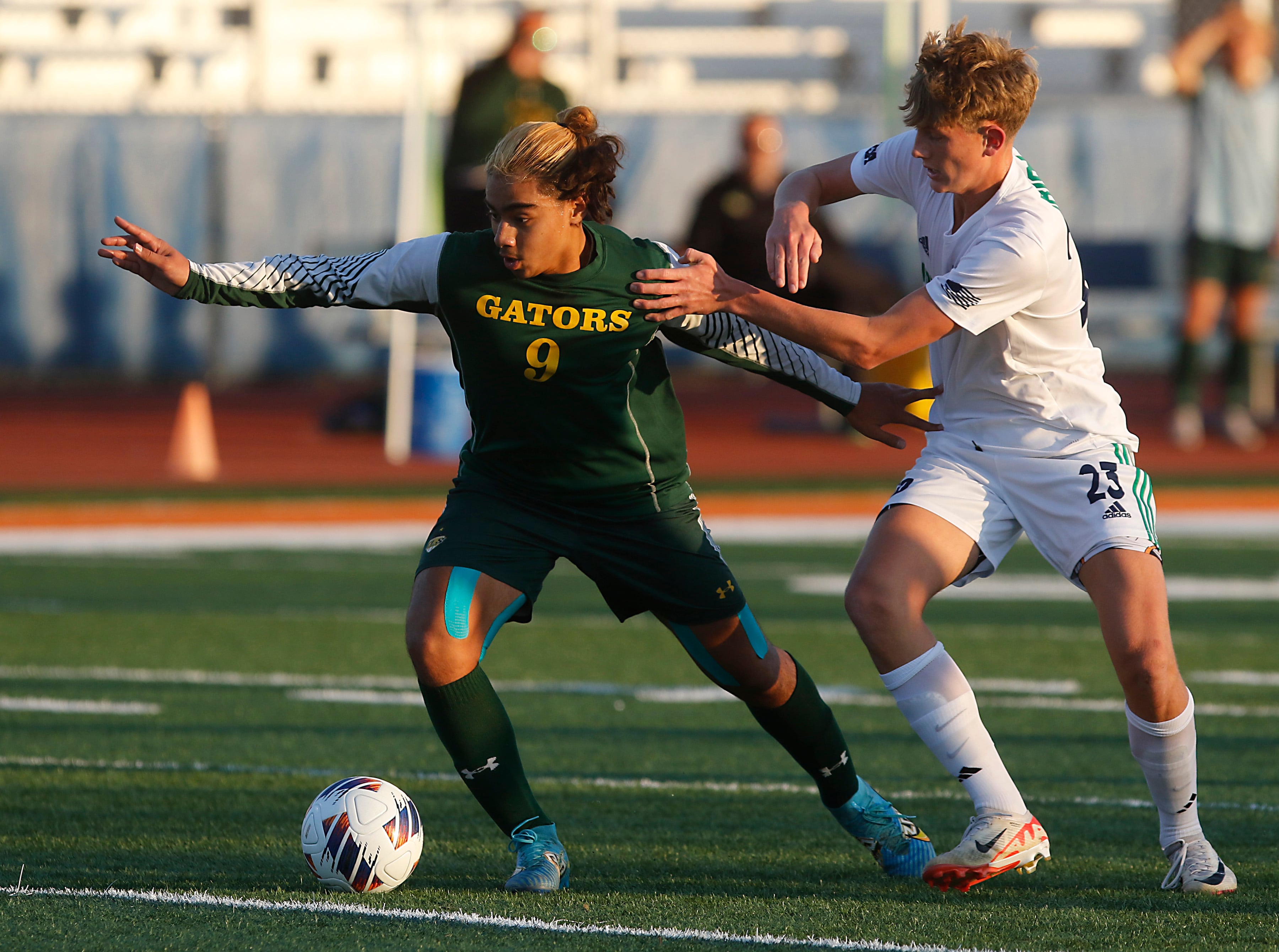 Crystal Lake South's Ali Ahmed controls the ball in front of Peoria Notre Dame's Teddy LaHood during the IHSA Class 2A state championship soccer match on Saturday, Nov. 4, 2023, at Hoffman Estates High School.