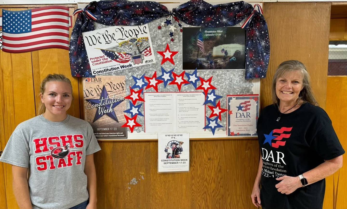 Henry-Senachwine High School History/Government teacher, Alexa Damerell, and Chief Senachwine DAR Chapter Community Classroom chair Annette Lionberger present Constitution Week materials that will be used to educate students about the U.S. government. Constitution Week begins Sept. 17, the date of the adoption of the U.S. Constitution.