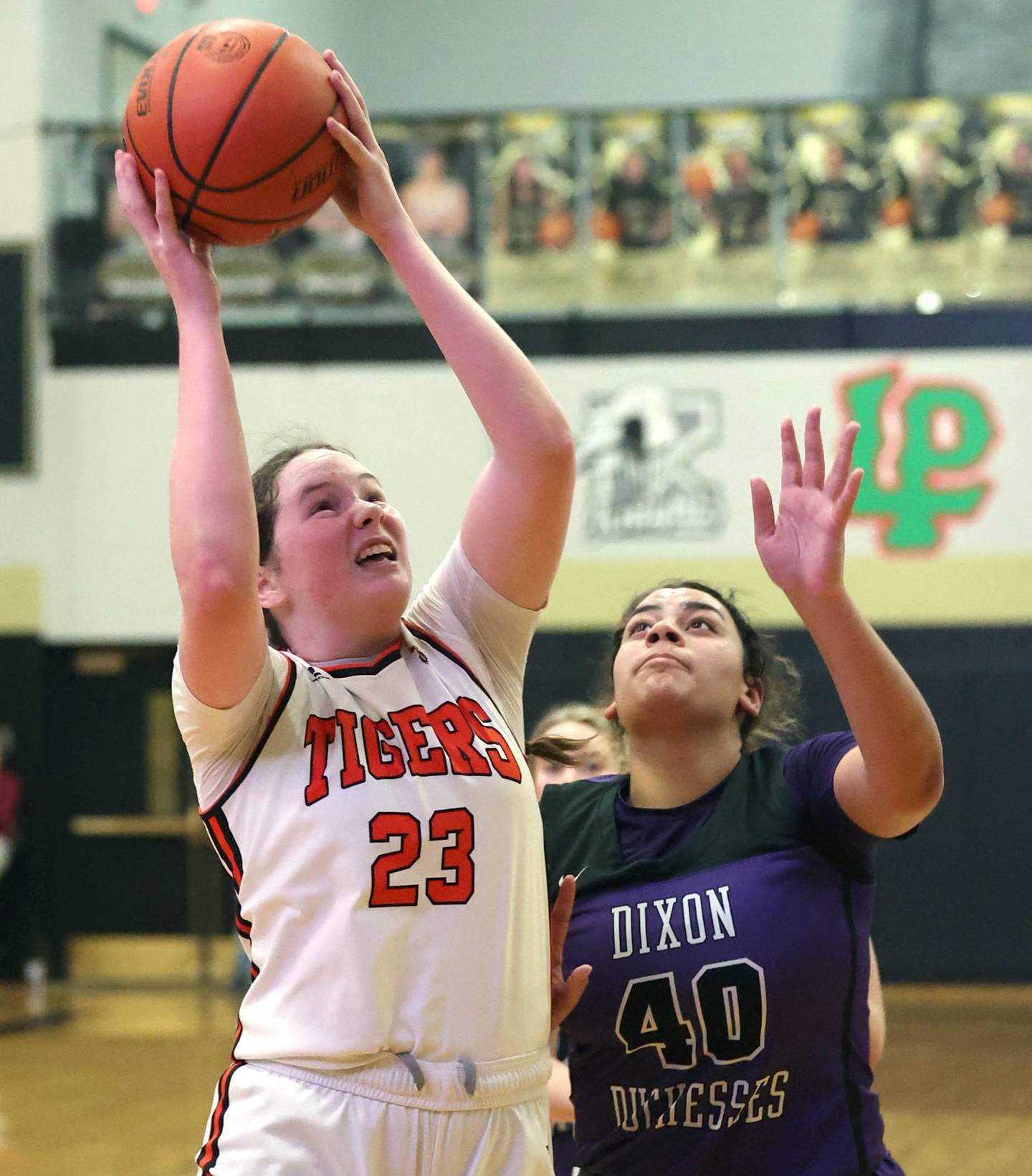 Crystal Lake Central's Leah Spychala goes up for a shot in front of Dixon’s Hallie Williamson during their Class 3A sectional semifinal Tuesday, Feb. 20, 2024, at Sycamore High School.