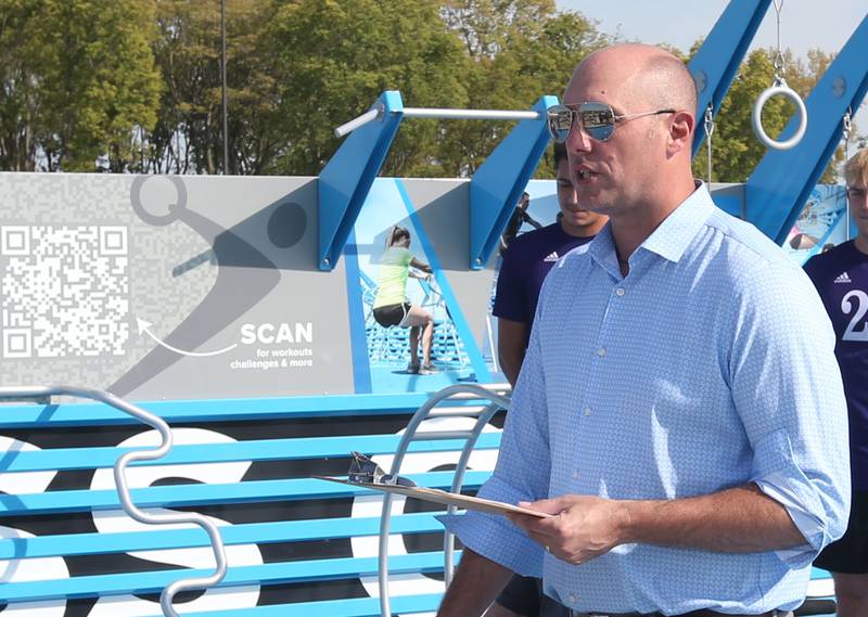 Kurt Bedei Economic Development Director with the City of La Salle, speaks during a ribbon-cutting of a new outdoor fitness court on Wednesday, Sept, 18, 2024 at Rotary Park in La Salle.