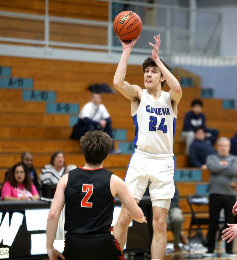 Geneva’s Luke Matan attempts three points during a Class 4A Willowbrook Regional semifinal game against Wheaton Warrenville South on Wednesday, Feb. 21, 2024.