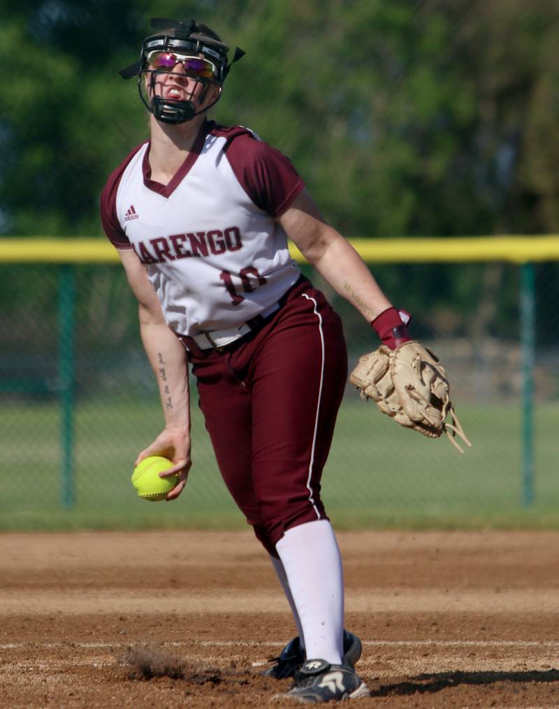 Marengo’s Lilly Kunzer delivers against North Boone in IHSA Softball Class 2A Regional Championship action at Marengo Friday.