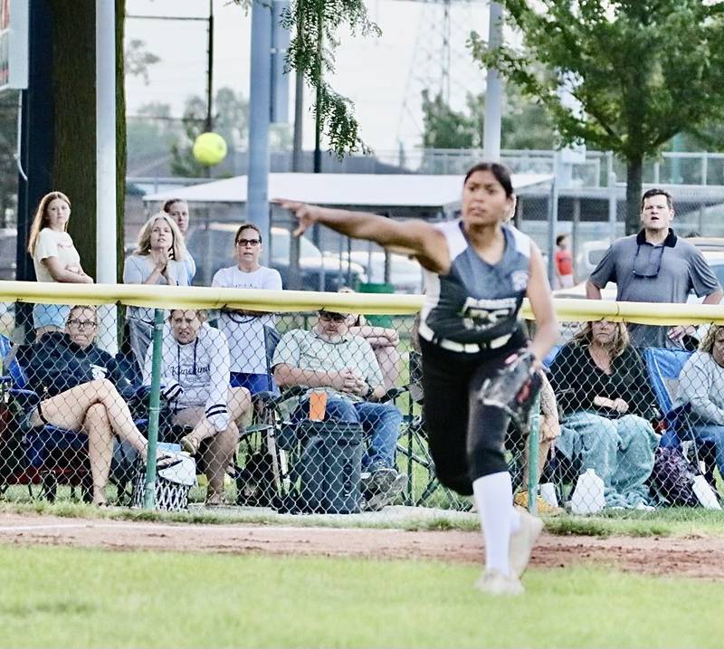 Bi-County third baseman Britney Trinidad fires across the diamond for the out at first base in the Junior League Softball State Tournament on Saturday in Burbank. Bi-County lost to Kaneland 4-0.