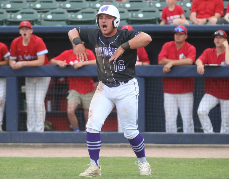 Wilmington's Zach Ohlund reacts after scoring the first run against St. Anthony during the Class 2A State semifinal game on Friday, May 31, 2024 at Dozer Park in Peoria.