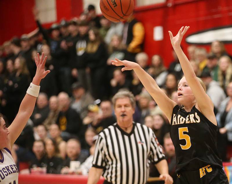 Ashton-Franklin Center's Audree Dorn shoots a jump shot over Serena's Rayelle Brennan during the Class 1A Regional final on Thursday, Feb. 15, 2024 at Earlville High School.