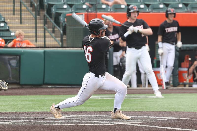 Crystal Lake Central’s Tommy Korn drives in the go-ahead run against Lemont in the IHSA Class 3A Championship game on Saturday June 8, 2024 Duly Health and Care Field in Joliet.
