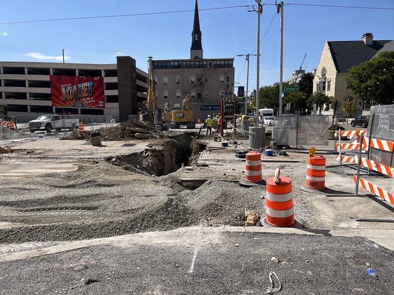 Construction on Friday, Sept. 14, 2024, at the corner of Chicago Street and East Clinton Street in Joliet.