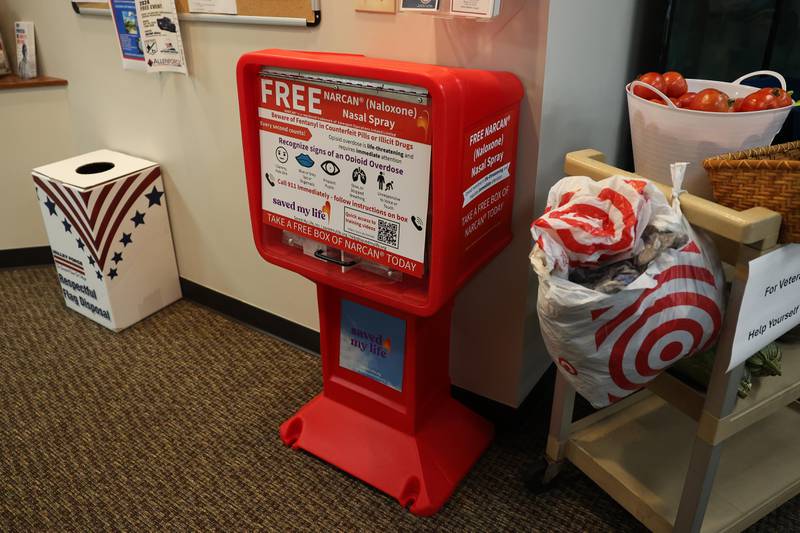 A Narcan red distribution box is set up at the Veterans Assistance Commission of Will County office on Monday, August 26, 2024 in Joliet.