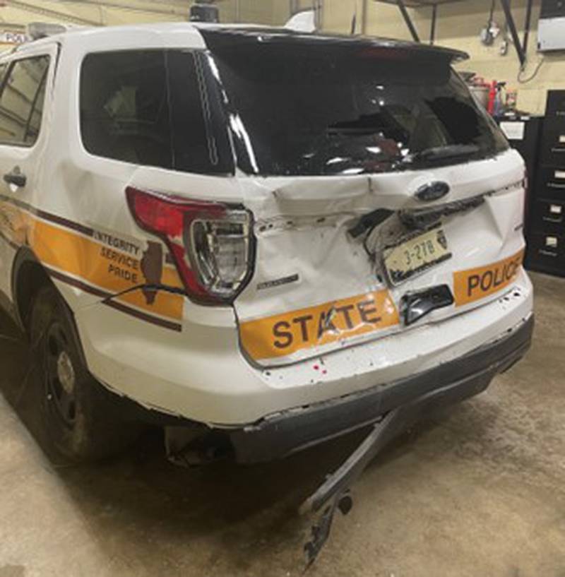An Illinois State Police squad car was struck by a driver on northbound I-55 on May 13.