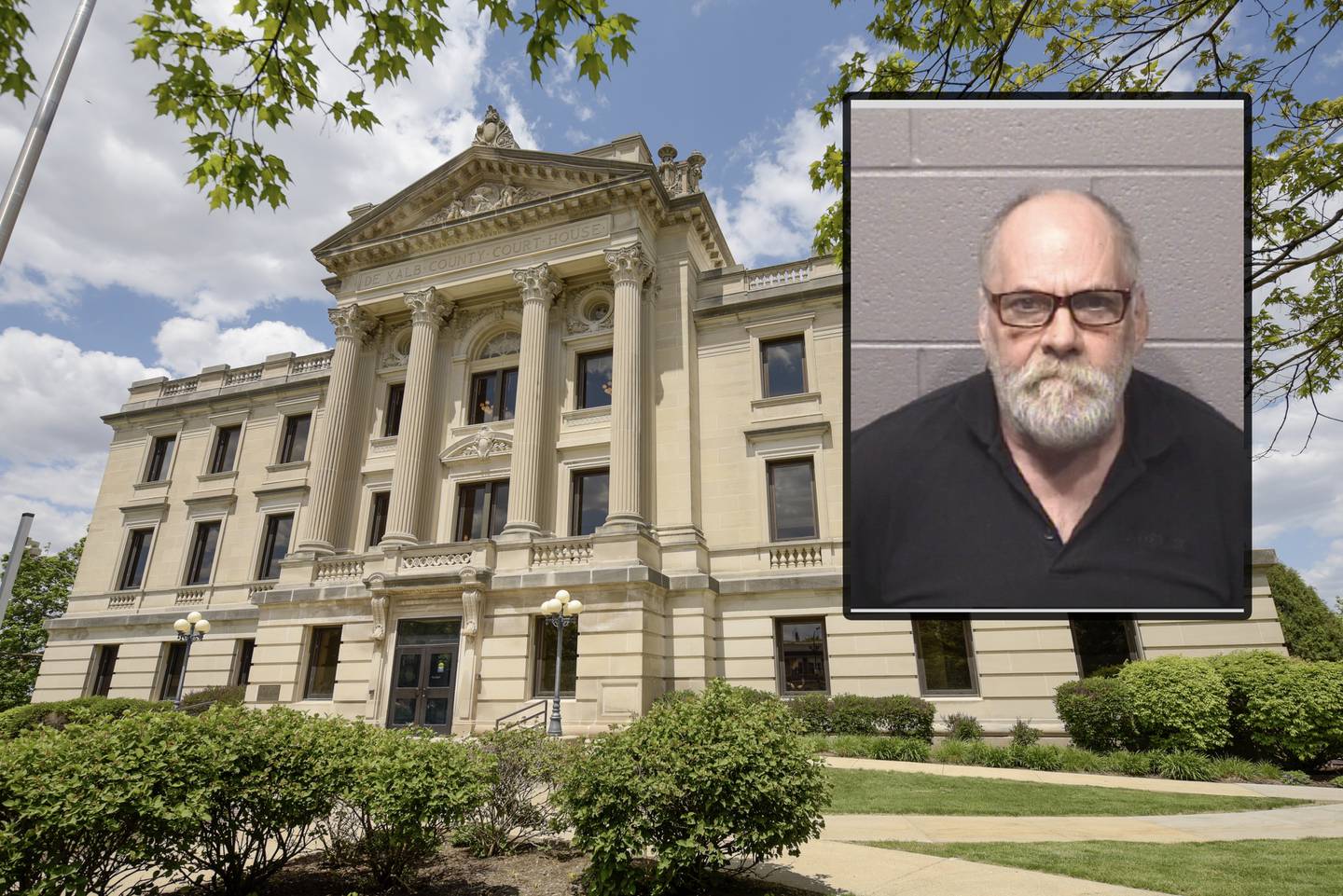 Brandon R. Forrest, 58, of DeKalb, was charged July 19, 2024, with threatening a public official. Police allege he left a voicemail for state Rep. Jeff Keicher on July 15, 2024, threatening to assassinate the Republican representative at a planned senior health fair at DeKalb High School. The fair, scheduled for July 18, 2024, was postponed. (Inset photo provided by DeKalb County Jail)