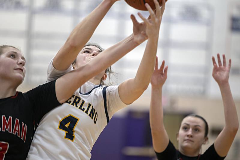 Sterling’s Maggie Rowzee works below the basket against Stillman Valley Thursday, Dec. 28, 2023 at the Dixon KSB Holiday tournament.