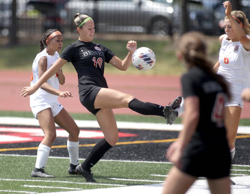 Benet’s Johnna Caliendo kicks the ball during a 2023 Class 2A girls state soccer semifinal against Crystal Lake Central at North Central College in Naperville.