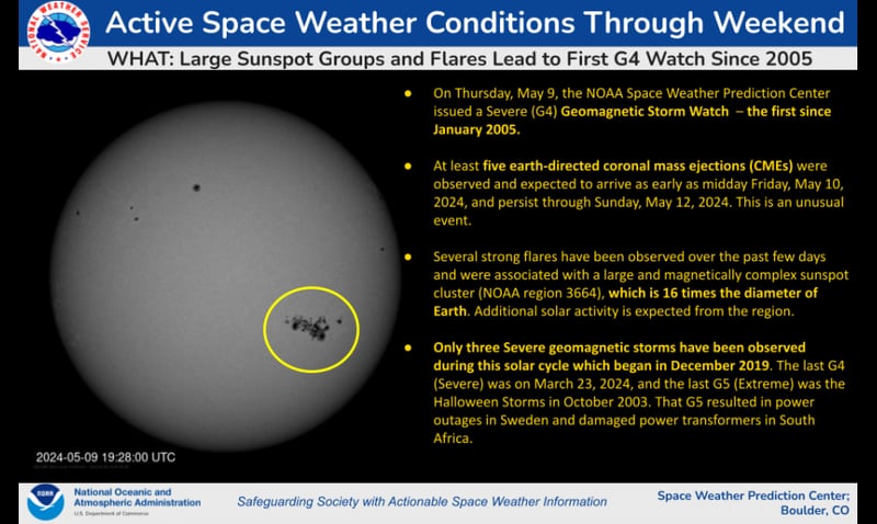 The National Weather Service's Space Weather Prediction Center has issued a severe geomagnetic storm watch for Friday evening into mid-day Sunday.