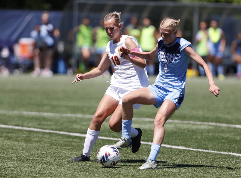 Willows' Bernadette Presberg (4) fights for the ball against Richmond-Burton's  Layne Frericks (19) during the Class 1A Dominican super-sectional between Willows Academy and Richmond-Burton HS in River Forest on Saturday, May 25, 2024.