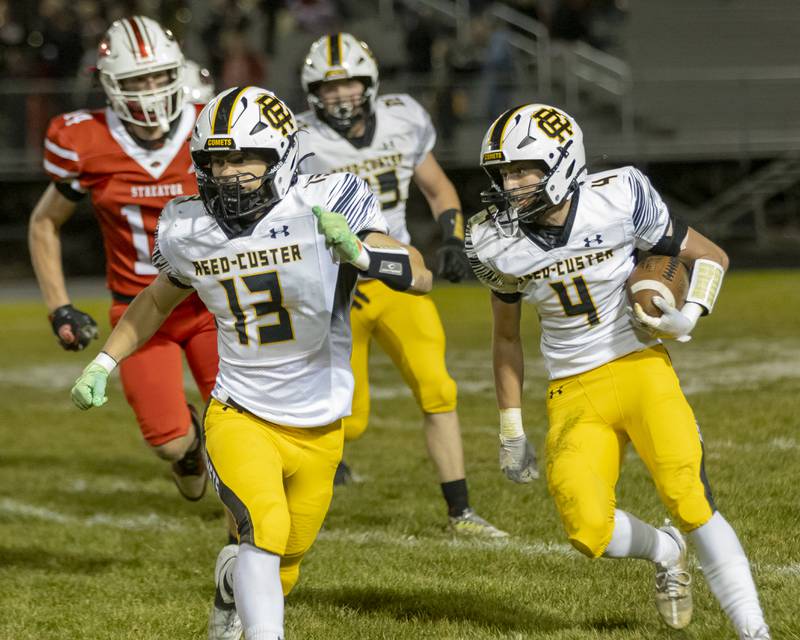 Reed-Custer's Landen Robinson searches for a hole in the Streator High School defense during the game at Doug Dieken Field on October 18, 2024.