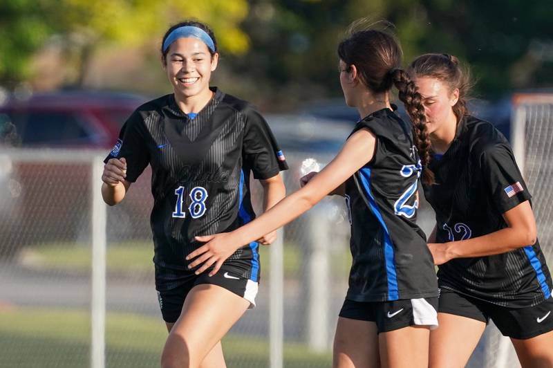 St. Charles North's Juliana Park (18) smiles after scoring a goal against Batavia during a Class 3A Batavia Regional final soccer match at Batavia High School in Batavia on Friday, May 17, 2024.