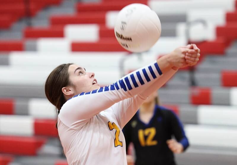 Somonauk's Ali McBride bumps the ball during their regional first round match against Indian Creek Tuesday, Oct. 25, 2022, at Aurora Christian High School in Aurora.