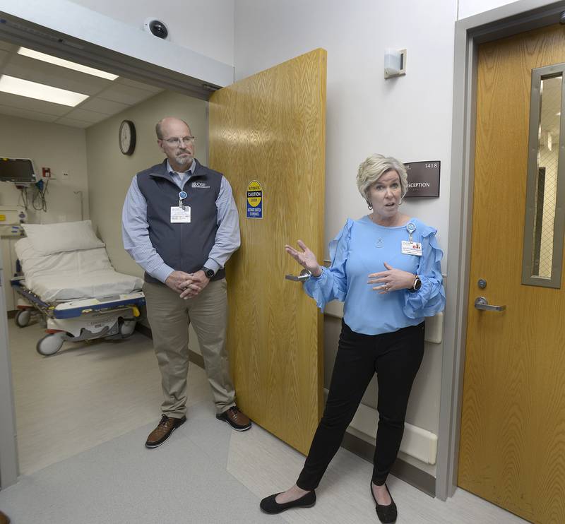 AJ Querciagrossa, CEO of OSF HealthCare's western region, and Heather Bomstad, chief nursing officer, show the emergency rooms during tour a tour Friday, April 5, 2024, at OSF Peru.