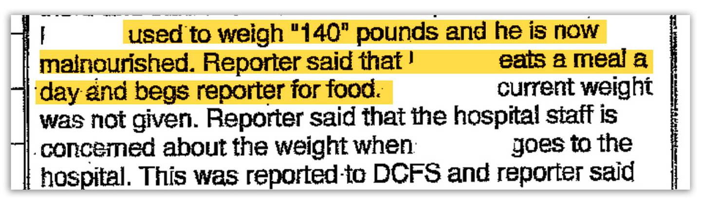 DCFS fielded a complaint about L.J. to its hotline in September 2022 that included concerns about his eating and weight; it also said he hadn’t been in school for years. The department forwarded these details on an educational neglect report to the regional office of education in Charleston.