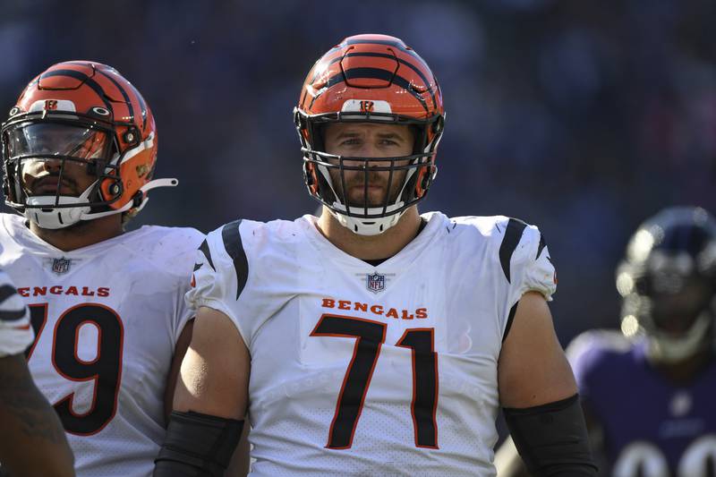 Cincinnati Bengals offensive tackle Riley Reiff looks on between plays against the Baltimore Ravens on Oct. 24, 2021, in Baltimore.