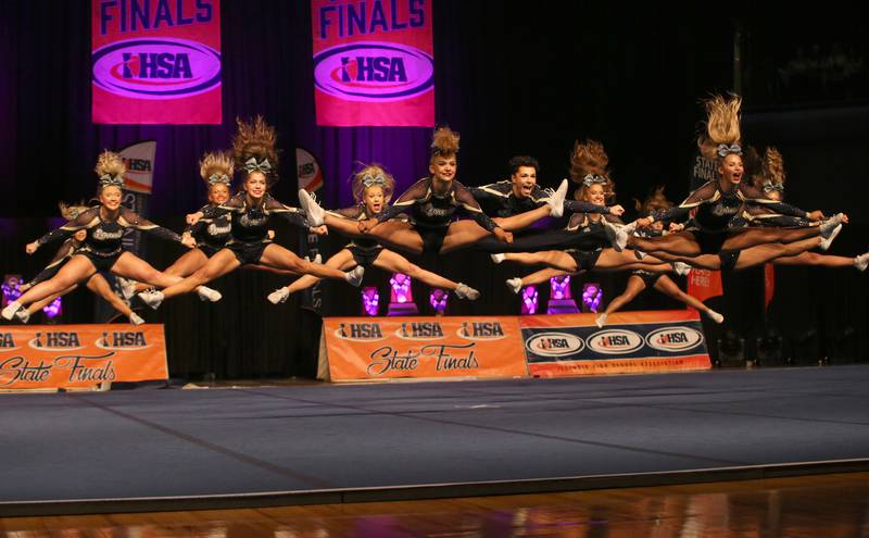 Members of the Lemont cheer team perform during the IHSA Cheer State Finals in Grossinger Motors Arena on Saturday, Feb. 4, 2023 in Bloomington.