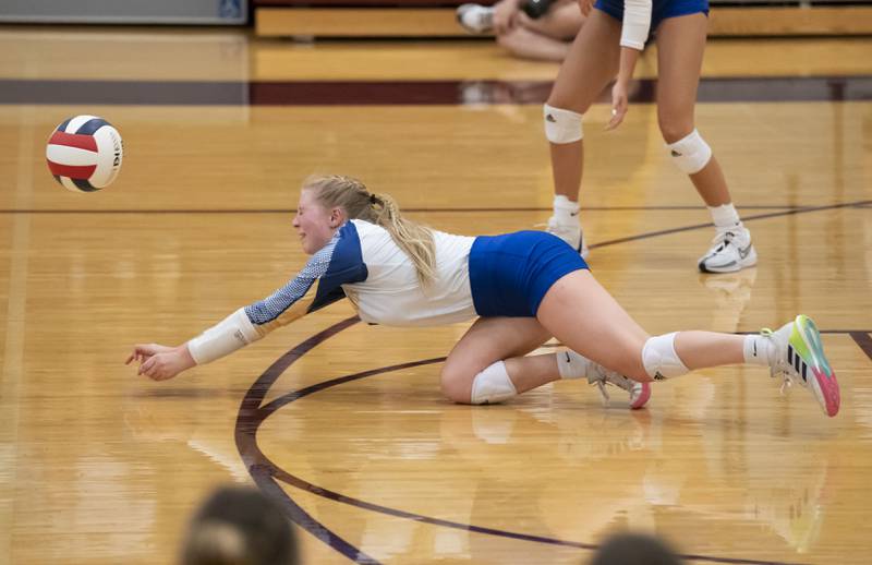 Johnsburg's Abriana Bruns dives for the ball during their game against Richmond-Burton on Monday, August 26, 2024 at Richmond-Burton High School in Richmond.