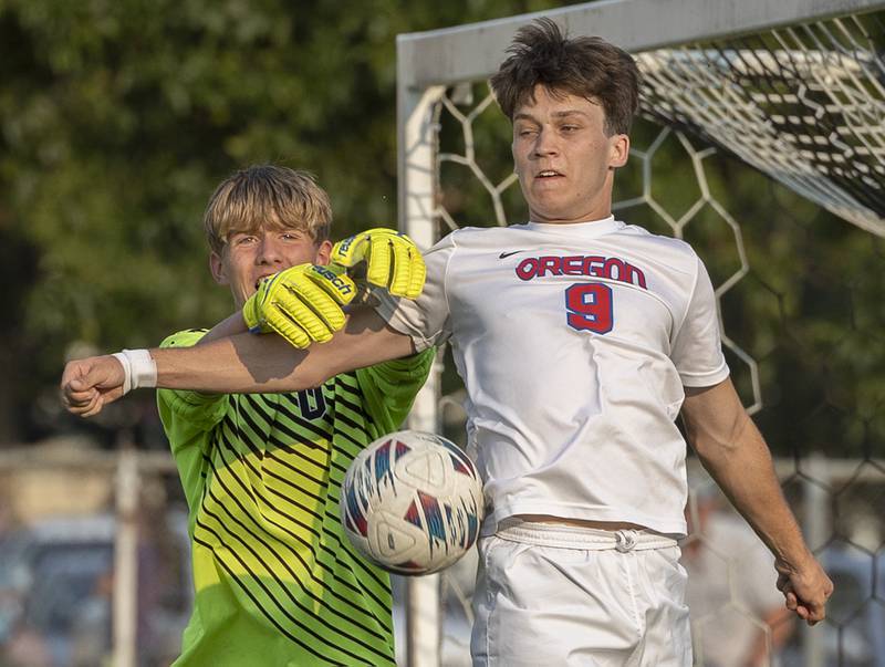 Oregon goalie Derek Withers and Michael Jacinto stop a shot on goal Dixon Wednesday, Sept. 11, 2024, at EC Bowers field in Dixon.