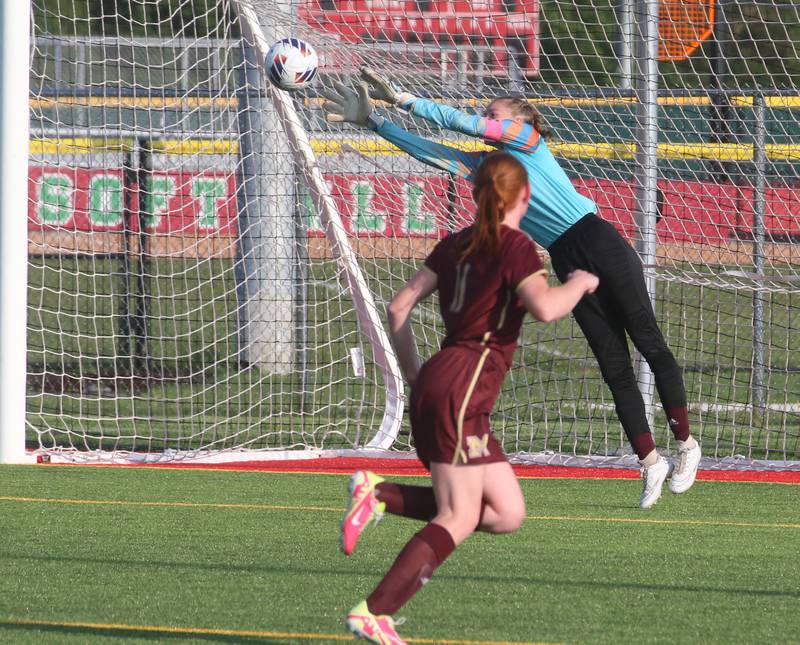 Morris keeper Maggie Stuebinger denies a shot from L-P as teammate Makensi Martin looks on during the Class 2A Regional semifinal game on Wednesday, May 15, 2024 at the L-P Athletic Complex in La Salle.