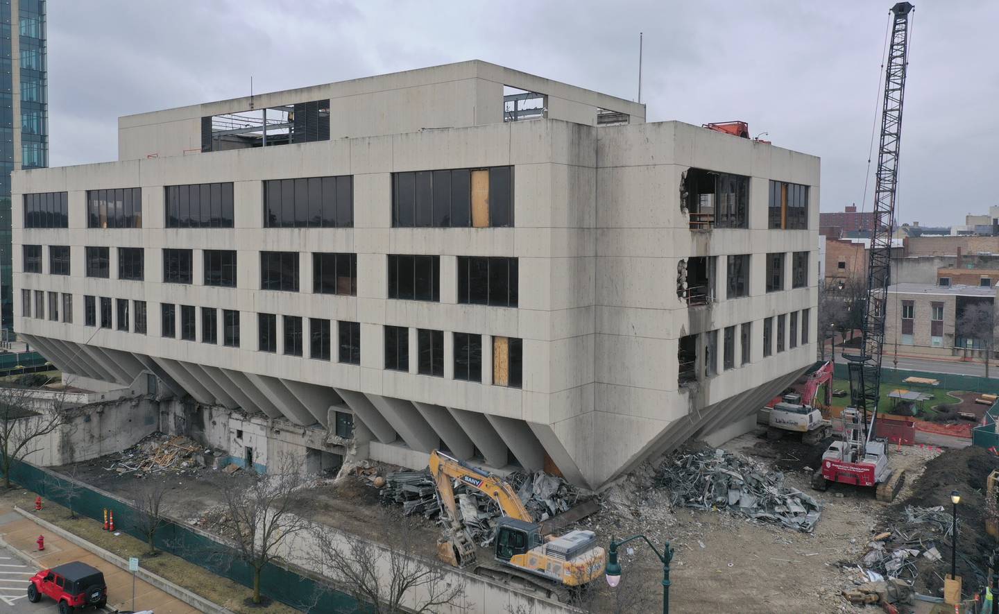An aerial view of workers demolishing the old Will County Courthouse on Tuesday, Jan. 30, 2024 downtown Joliet.