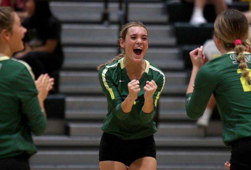 Crystal Lake South’s Olivia Apt celebrates a point against McHenry in varsity volleyball on Tuesday, Sept. 17, 2024, at Crystal Lake South High School in Crystal Lake.