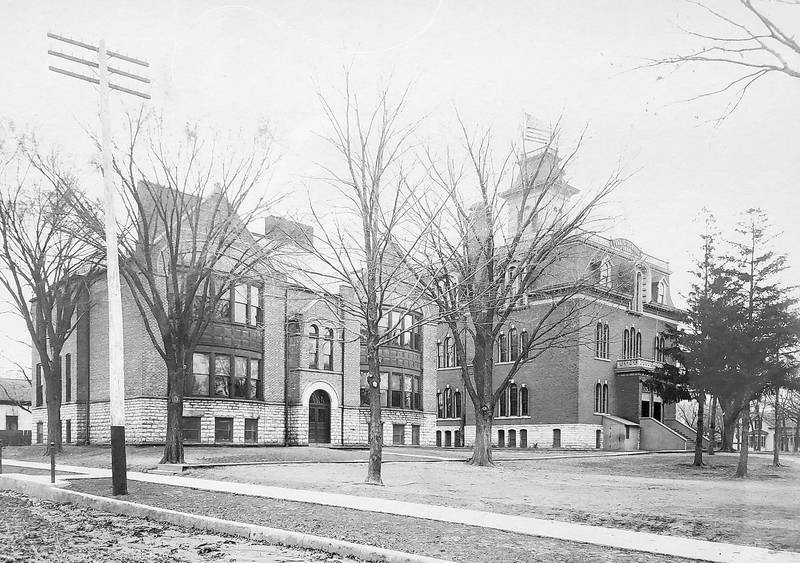The 1901 North Dixon High School (left) and the 1868 North Dixon Grade School on the site of today’s Heritage Square at 620 N. Ottawa Ave.