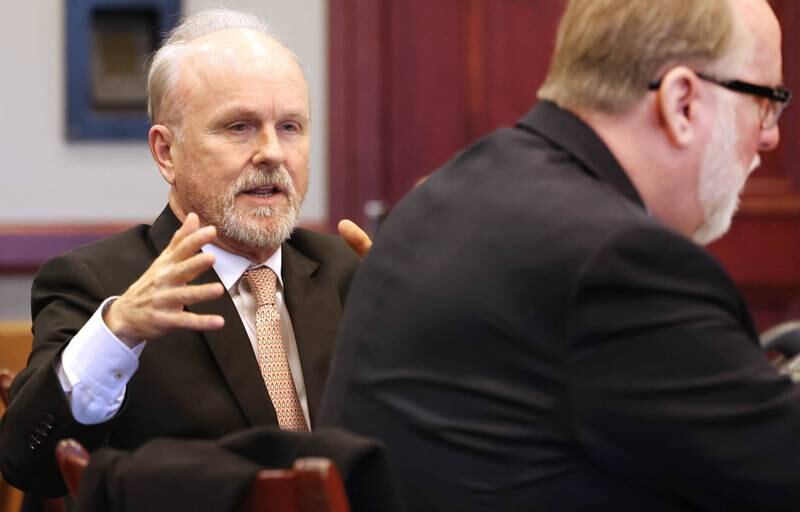 Douglas Moeller, (right) former DeKalb School District 428 superintendent, and his attorney Clay Campbell argue for a new trial during a hearing Tuesday, Jan. 1, 2023, at the DeKalb County Courthouse in Sycamore. Moeller lost his bid for a new trial and was sentenced to community service after being found guilty of one count of non-consensual dissemination of a private sexual image, a class 4 felony.