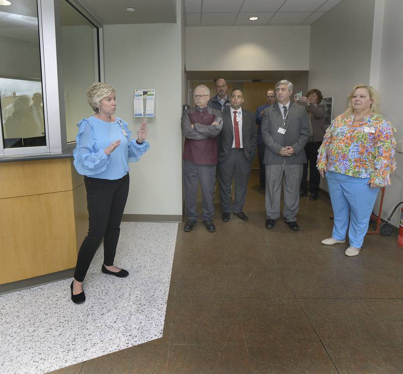 Heather Bomstad, chief nursing officer, discusses the operation of the new emergency department at OSF St. Elizabeth Medical Center-Peru during a tour Friday, April 5, 2024.