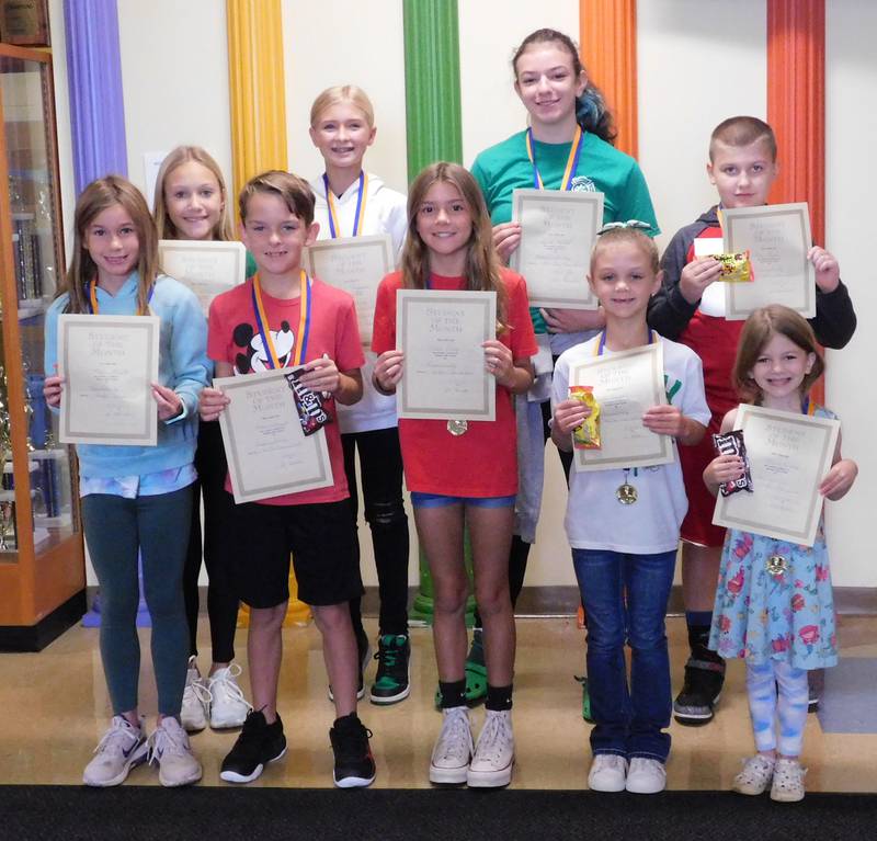 Milton Pope Elementary School announced its students of the month for August/September 2023. Students honored are (front row) Malia Meents, third grade; Mason Perino, second grade; Alexis Perry, fourth grade; Britta Ogden, first grade; Mckenna Herman, kindergarten; (back row) Carter Gibson, sixth grade; Cora Chapman, seventh grade; Lylah Hebel, eighth grader; and Ethan Green, fifth grade.