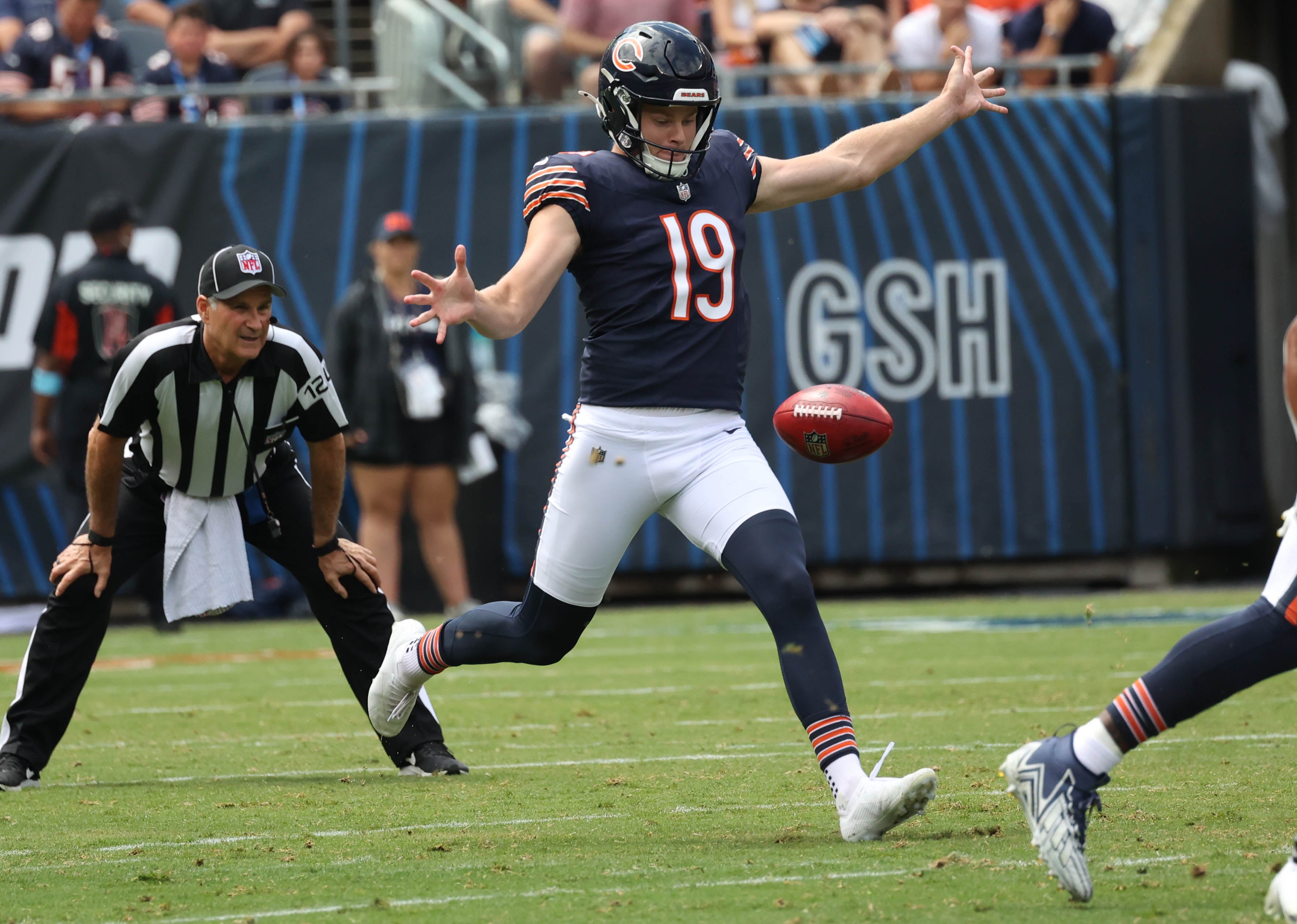 Chicago Bears punter Tory Taylor punts the ball during their game against the Cincinnati Bengals Saturday, Aug. 17, 2024, at Soldier Field in Chicago.